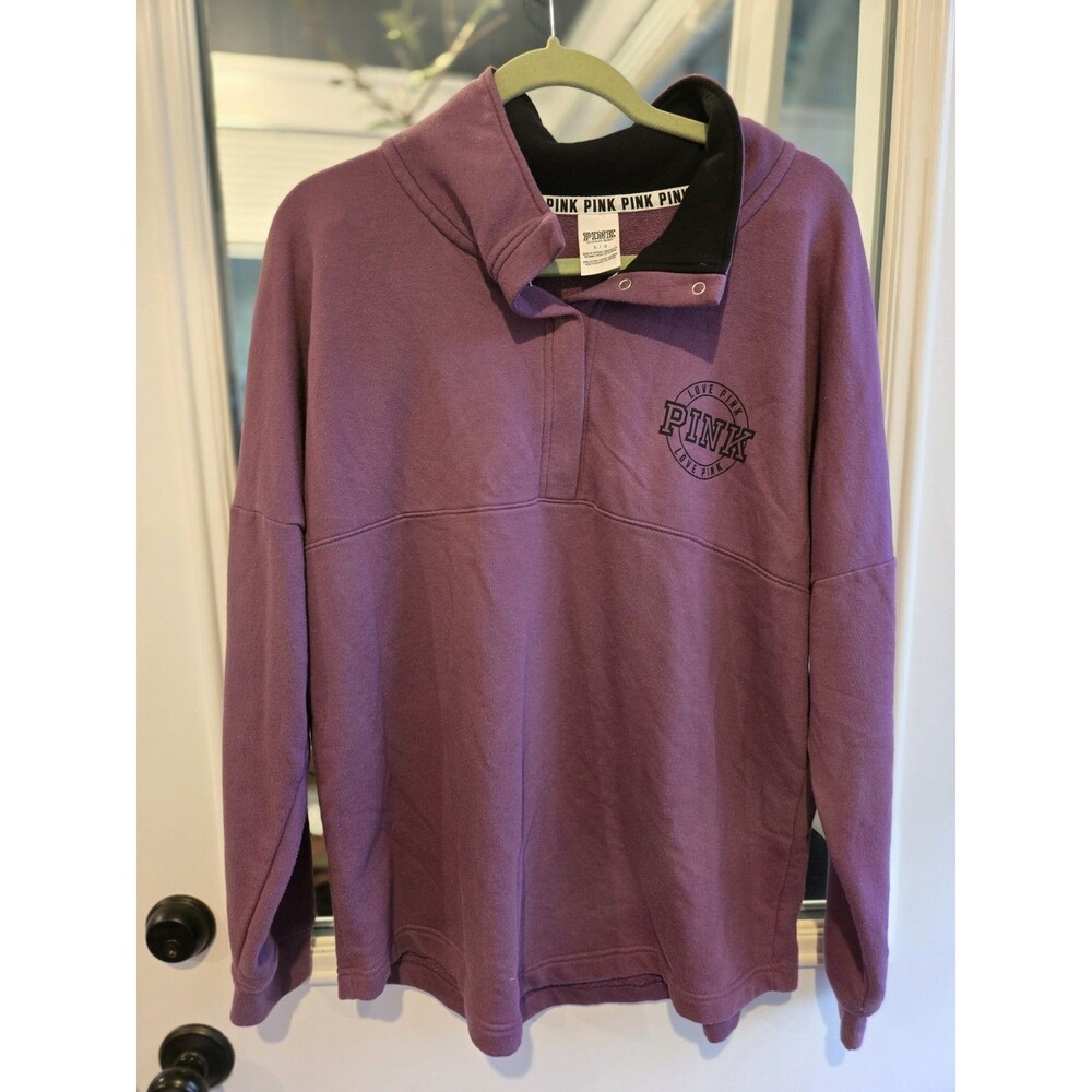 Victoria's Secret PINK Varsity Quarter Snap Pullover Sweatshirt Large Purple